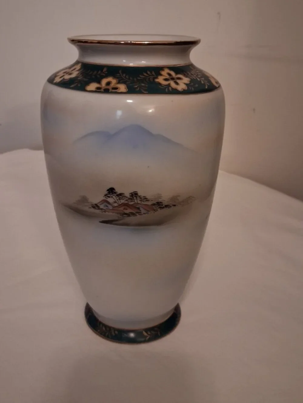 Vintage Hand-Painted Japanese Vase Pagoda & Cherry Blossom & Mountains Gold Trim